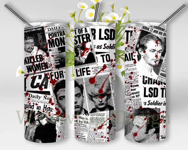 True Crime Newspaper 20oz Skinny Tumbler, Serial Killers True Crime Murderer Tumbler Wrap, Serial Killers Blood Splatter Design Png, True Crime Sublimation Tumbler Template, Instant Download Sublimation WillowSageDesign 