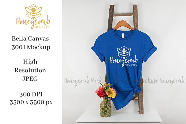 True Royal Bella Canvas 3001 Mockup, Hanging Ladder Mockup, Women's T-Shirt Mockup Mock Up Photo Honeycomb Mockups 