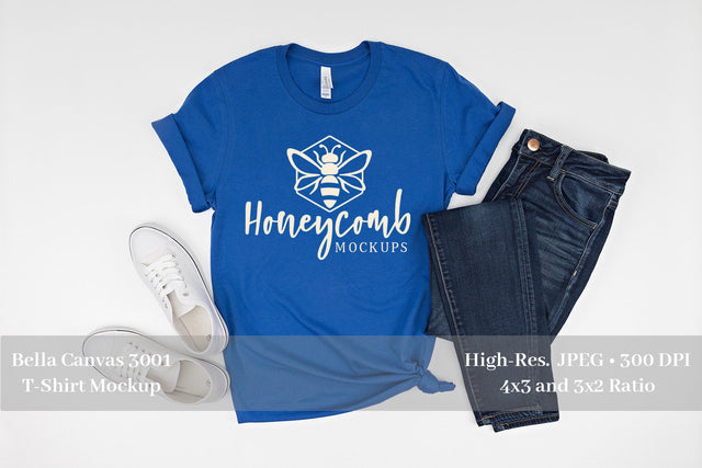 True Royal Bella Canvas 3001 Mockup, Women's Blue T-Shirt Mockup Mock Up Photo Honeycomb Mockups 