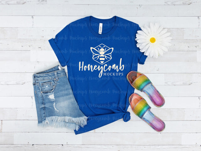 True Royal Bella Canvas 3001 Mockup, Women's Summer T-Shirt Mockup Mock Up Photo Honeycomb Mockups 