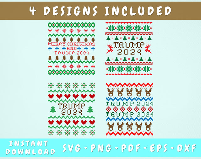 Trump 2024 Ugly Christmas Sweater SVG Bundle, 4 Designs, Trump 2024 Christmas SVG Cut Files, Ugly Sweater PNG SVG HappyDesignStudio 