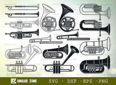 Trumpet SVG Bundle, Trumpet Silhouette, Horn Trumpet Svg, French Horn Svg, Standard Trumpet Svg, Trombone Svg, Jazz Svg, SVG Unique Zone 
