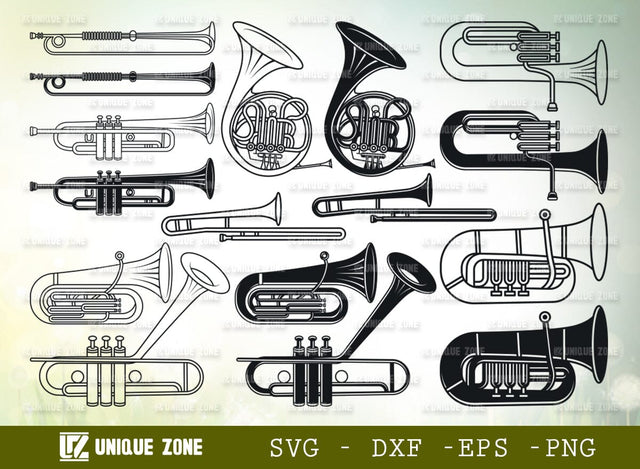 Trumpet SVG Bundle, Trumpet Silhouette, Horn Trumpet Svg, French Horn Svg, Standard Trumpet Svg, Trombone Svg, Jazz Svg, SVG Unique Zone 