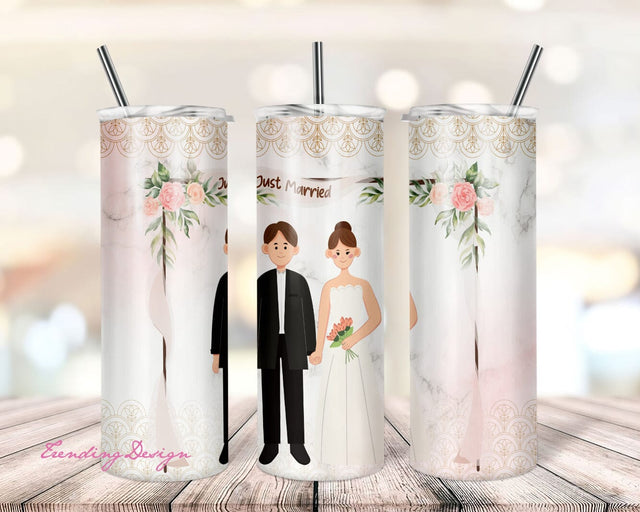 Tumbler Design Just Married PNG Sublimation Tumbler 20oz Wedding PNG Groom And Bride Tumbler PNG Sublimation Tumbler Flowers Design Wedding Sublimation TrendingDesign 