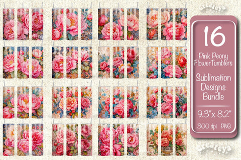 Tumbler designs bundle Flower Tumbler wrap png 20 Oz sublimation design Pink Peony watercolor Tumbler Sublimation Createya Design 