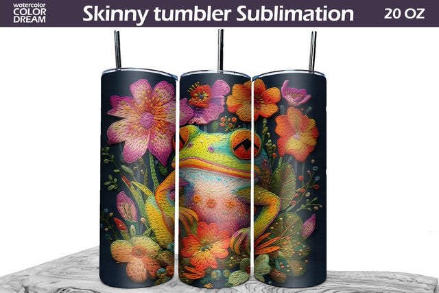 Tumbler Frog Embroidery PNG | 3D Frog Tumbler Wrap Sublimation WatercolorColorDream 