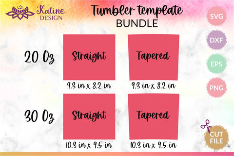 Tumbler template bundle for 20 Oz and 30 Oz skinny tumbler. Straight and tapered Full Wrap Design. SVG, EPS, PNG, DXF, PSD. For Sumblimation and Cutting Machines. SVG KatineDesign 