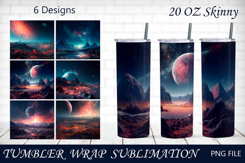 Tumbler wrap with fantasy landscape, mountain and planets, 20 oz skinny Sublimation AnastasiyaArtDesign 