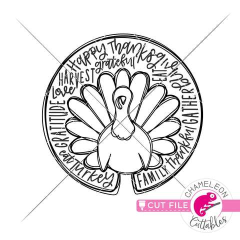 Turkey Thanksgiving word art circle svg png dxf SVG Chameleon Cuttables 