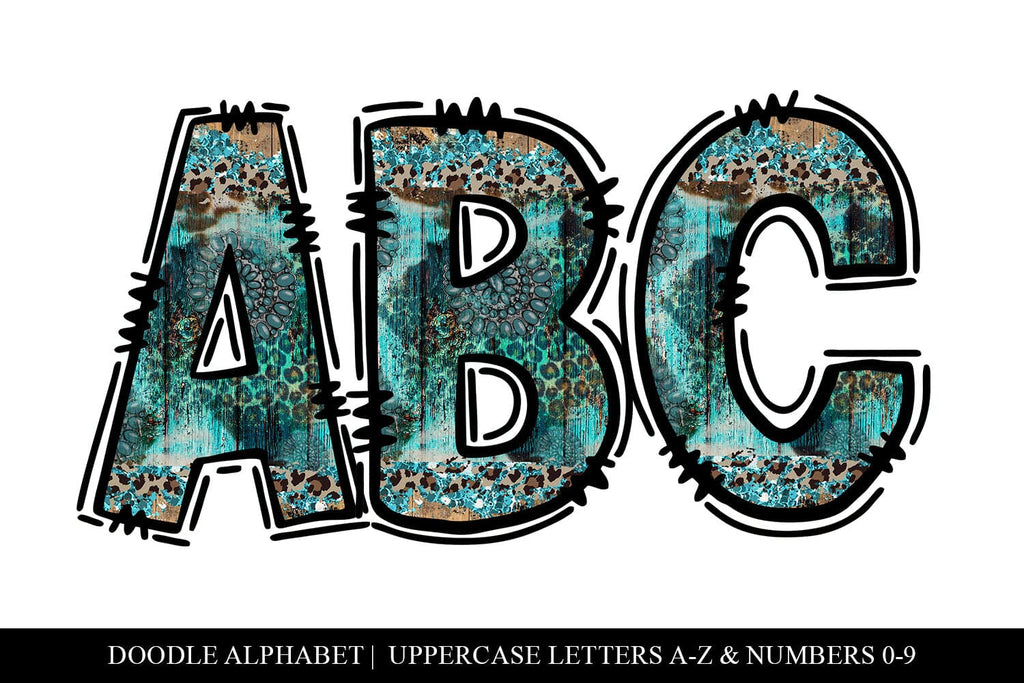Turquoise And Cheetah Southwestern Doodle Letters - So Fontsy