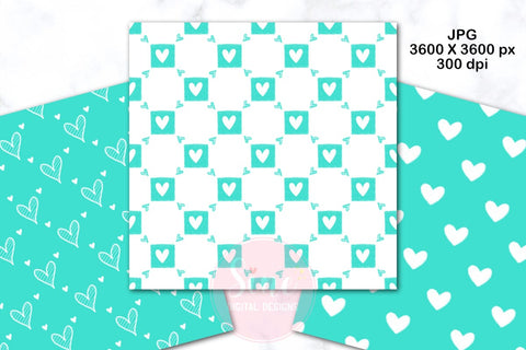 Turquoise and White Valentines Digital Papers Backgrounds Set Digital Pattern SineDigitalDesign 