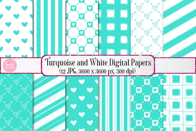 Turquoise and White Valentines Digital Papers Backgrounds Set Digital Pattern SineDigitalDesign 