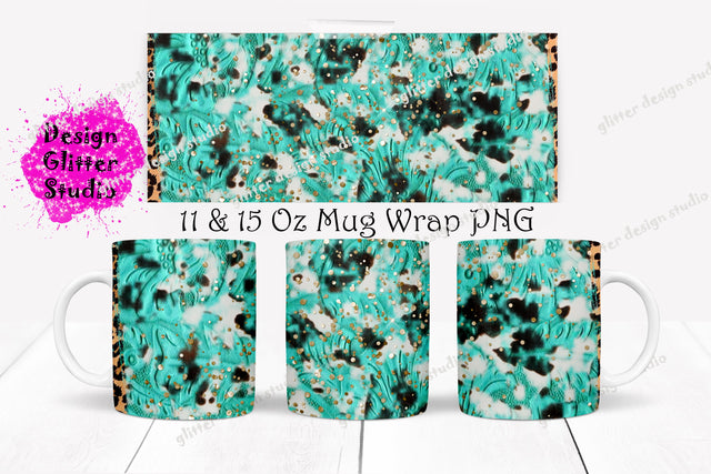 Turquoise Cowhide Leopard Mug Sublimation Design,Ceramic Leopard mug wrap,Western Mug Wrap,Tooled Leather Coffee Mug Template,PNG file Sketch DESIGN ArtStudio 