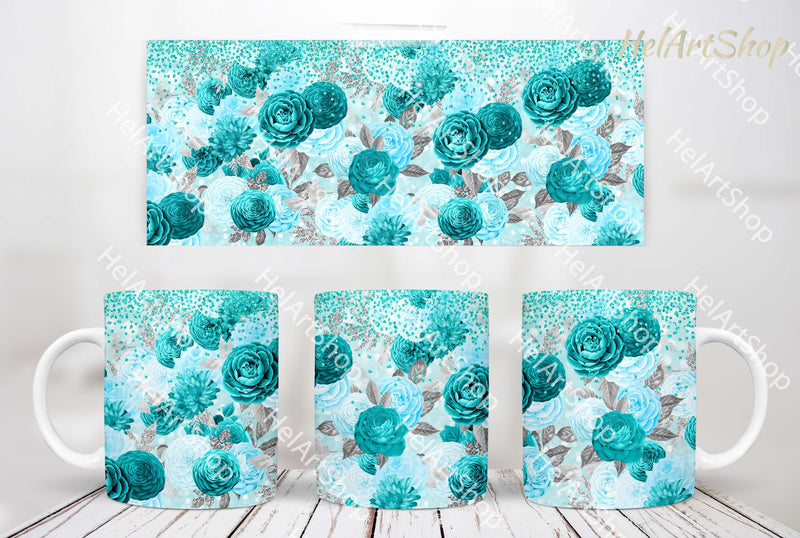Turquoise Floral Mug PNG, Bouquet Mug Png Sublimation _HelArtShop_ 