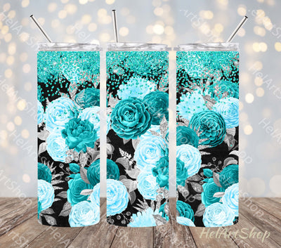 Turquoise Floral Tumbler PNG, Bouquets SKINNY TUMBLER Png Sublimation _HelArtShop_ 