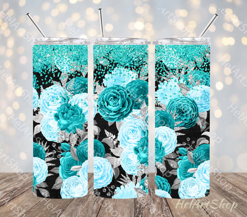 Turquoise Floral Tumbler PNG, Bouquets SKINNY TUMBLER Png Sublimation _HelArtShop_ 