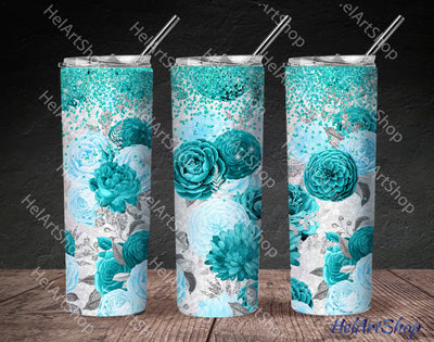 Turquoise Floral Tumbler PNG, Bouquets SKINNY TUMBLER Png Sublimation _HelArtShop_ 