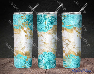 Turquoise Floral Tumbler PNG, Marble SKINNY TUMBLER 20 OZ PNG Sublimation _HelArtShop_ 