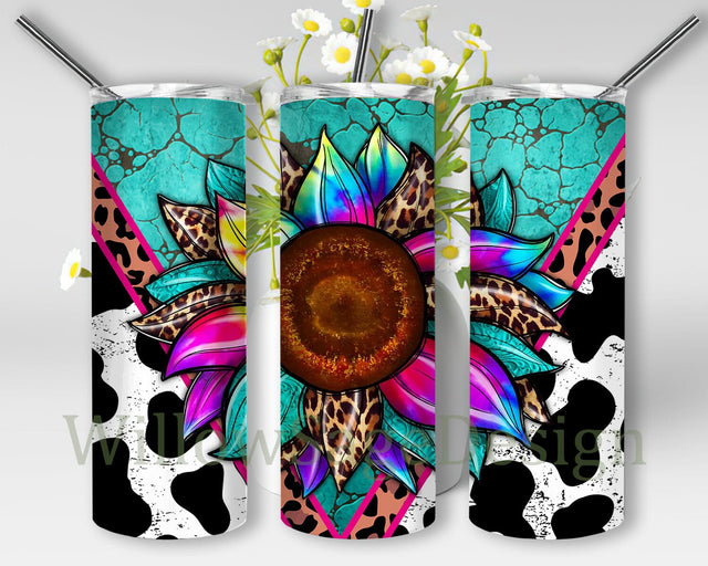 Turquoise Gem Stone Cow 20oz Skinny Tumbler Png, Western Sunflower Tumbler, Tie Dye Sunflowers Leopard Tumbler, Tie Dye Sunflower Sublimation WillowSageDesign 