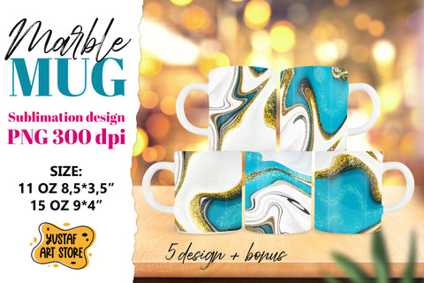 Turquoise gold marble sublimation mug wrap bundle.5 design Sublimation Yustaf Art Store 