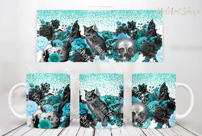 Turquoise Gothic Mug PNG | Floral Skull Mug Wrap Sublimation _HelArtShop_ 