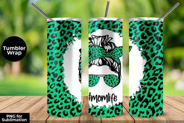 Turquoise Green Light Leopard momlife 20 oz Skinny Tumbler Wrap Sublimation Design Sublimation Sublimatiz Designs 