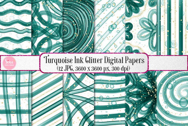 Turquoise Ink Glitter Digital Papers Backgrounds Set Digital Pattern SineDigitalDesign 