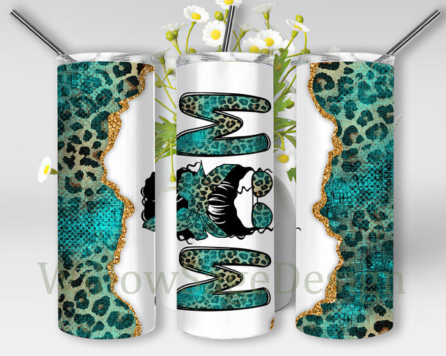 Turquoise Leopard Mom 20oz Tumbler Wrap, Messy Bun Mom Tumbler Png, Leopard Mom Design Png, Mom Sublimation Design for Straight, Mother's Day Gift, Digital Download Sublimation WillowSageDesign 