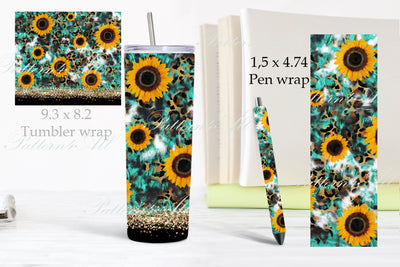 Turquoise tooled leather,Straight Tumbler Design,20oz Skinny Tumbler Sublimation Template,Sunflower Tumbler and Pen Wrap, PNG 3D Paper ArtStudio 
