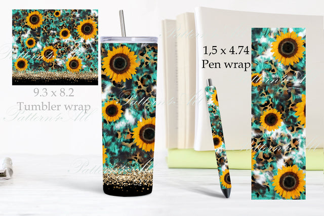 Turquoise tooled leather,Straight Tumbler Design,20oz Skinny Tumbler Sublimation Template,Sunflower Tumbler and Pen Wrap, PNG Digital Pattern ArtStudio 