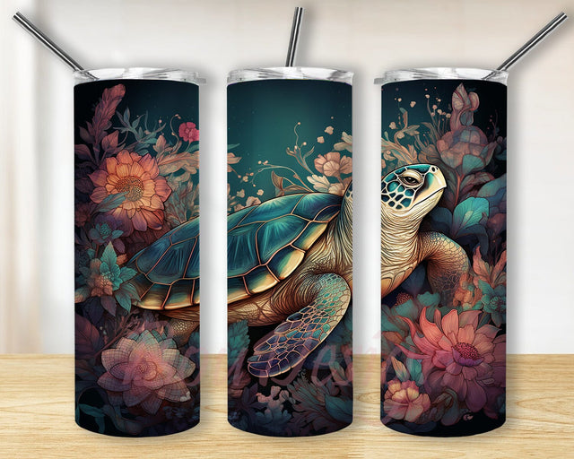 Turtle Floral 20oz Skinny Tumbler Png, Beautiful Turtle Framed With Plants And Flowers Tumbler, Sea Turtle Floral Tumbler, Glitter Ocean Tumbler Sublimation BouDesign 