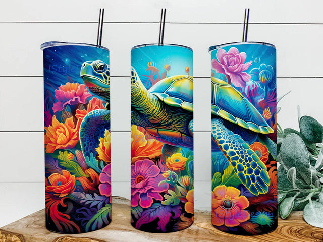 Turtle Neon Floral 20oz Skinny Tumbler Png, Colorful Turtle Neon Floral Rainbow Tumbler, Turtle Animal Alcohol Ink Glitter, Cute Turtle Tumbler Sublimation iStyleDesign 