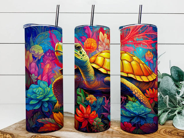 Turtle Neon Floral 20oz Skinny Tumbler Png, Colorful Turtle Neon Floral Rainbow Tumbler, Turtle Animal Alcohol Ink Glitter, Cute Turtle Tumbler Sublimation iStyleDesign 