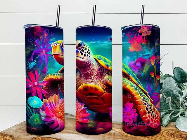 Turtle Neon Floral Rainbow 20oz Skinny Tumbler Png, Background Island Tumbler, Colorful Turtle Neon Floral Tumbler, Turtle Animal Alcohol Ink Glitter, Cute Turtle Tumbler Sublimation iStyleDesign 