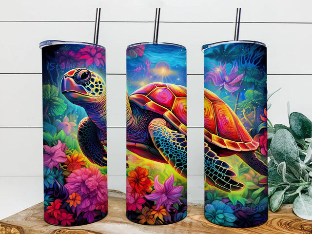 Turtle Neon Floral Rainbow 20oz Skinny Tumbler Png, Turtle Neon Floral Tumbler, Rainbow Tumbler Design Sublimation Tumbler, Neon Turtle Floral Png Sublimation iStyleDesign 