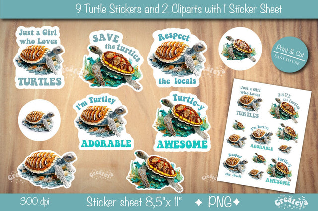 Turtle stickers Bundle Funny Sticker Printable stickers sheet PNG Sublimation Createya Design 