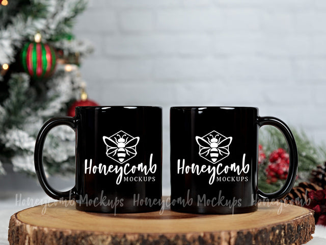 Two 11oz Black Mugs Mockup, Side by Side Mugs Mockup, Two Mugs Mockup, Christmas Mug Mockup, Couples Matching Mugs Mockup Mock Up Photo Honeycomb Mockups 