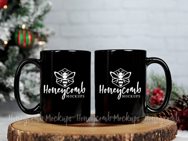 Two 15oz Black Mugs Mockup, Christmas Mug Mockup, Holiday Mug Mockup, Matching Couples Mug Mockup Mock Up Photo Honeycomb Mockups 