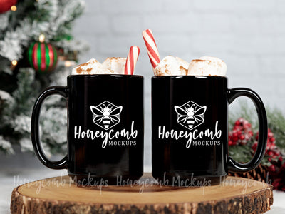Two 15oz Black Mugs Mockup, Hot Cocoa Mug Mockup, Christmas Mug Mockup, Couples Matching Mug Mockup, Side By Side Mugs Mockup Mock Up Photo Honeycomb Mockups 