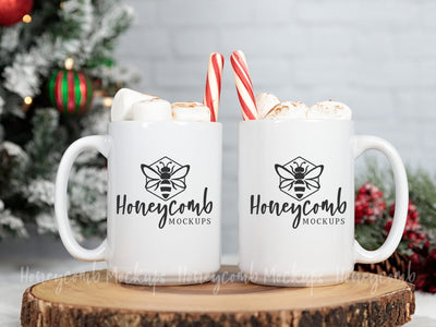 Two 15oz White Mugs Mockup, Christmas Mug Mockup, Hot Cocoa Mug Mockup, Matching Couples Mug Mockup, Side by Side Mugs Mock Up Photo Honeycomb Mockups 