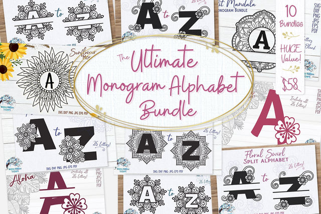 Ultimate Monogram Alphabet SVG Bundle | 10 Sets of Alphabet SVGs SVG Wispy Willow Designs 