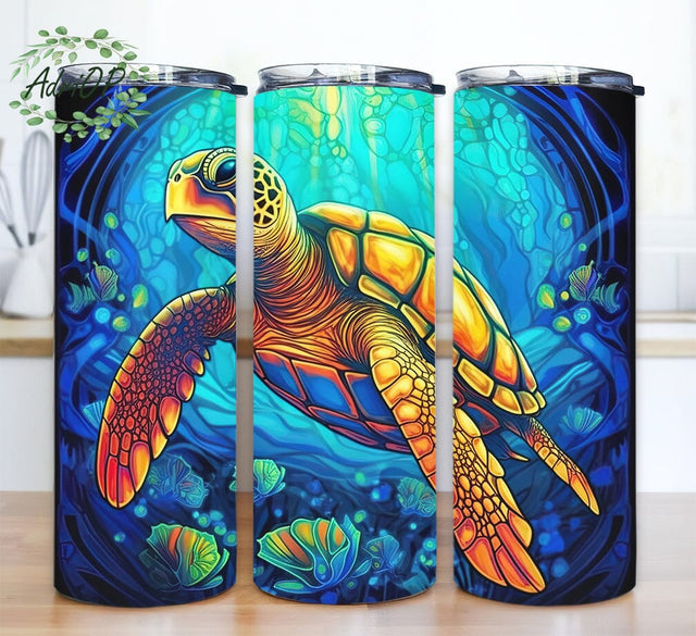 Under The Sea Turtles 20oz Skinny Tumbler Png, Sea Turtles Swimming Tumbler, Ocean Tumbler, Turtles Lover Tumbler, Beautiful Turtle Framed With Plants Png Sublimation AdriOP 