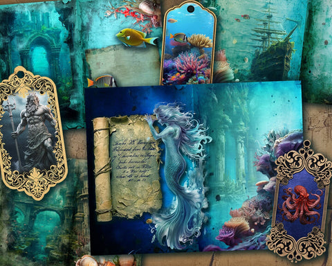 Underwater Junk Journal, Lost City Under the Sea, Atlantis, Ephemera Sublimation nikola 