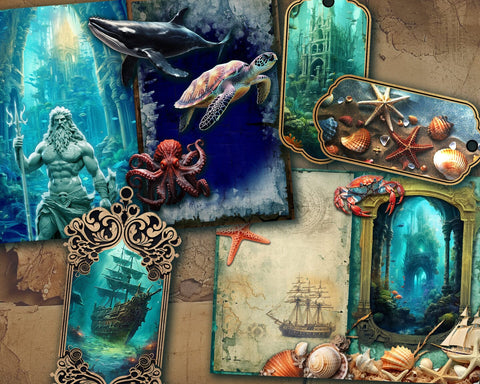 Underwater Junk Journal, Lost City Under the Sea, Atlantis, Ephemera Sublimation nikola 