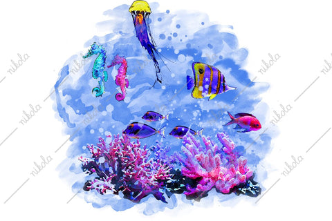 Underwater Sea Fish Aquarium Corals Watercolor PNG JPG Sublimation nikola 