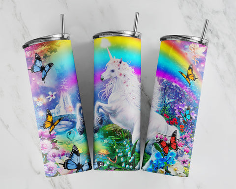 Unicorn and colorful butterflies Tumbler Png, Rainbow Tumbler Design,20 and 30 oz Skinny Tumbler Wrap,Rainbow unicorn Tumbler PNG Download Sublimation CaldwellArt 