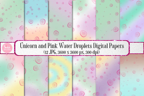 Unicorn and Pink Water Droplets Backgrounds Digital Papers Set Digital Pattern SineDigitalDesign 