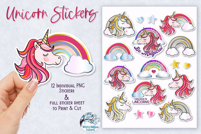 Unicorn and Rainbow Stickers PNG Sublimation Wispy Willow Designs 