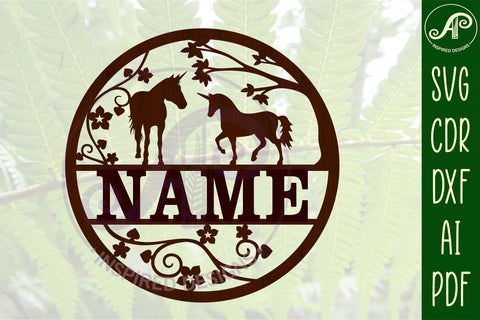 Unicorn and vines name sign svg laser cut template SVG APInspireddesigns 
