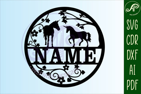 Unicorn and vines name sign svg laser cut template SVG APInspireddesigns 